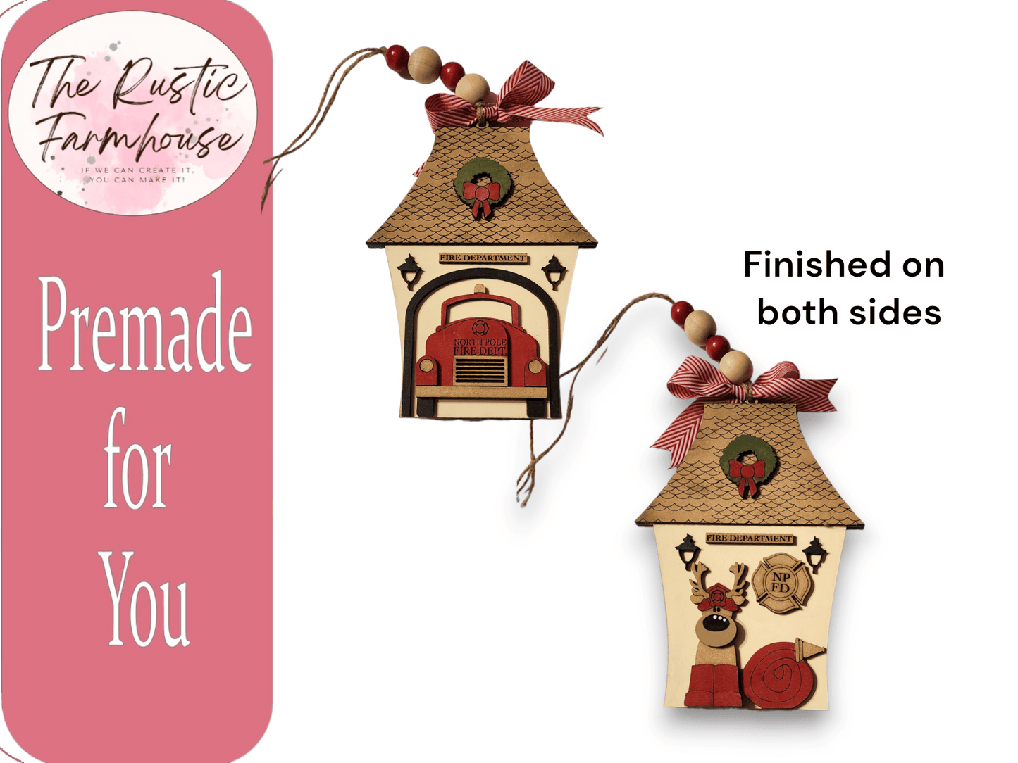 Premade Christmas Village Fire Truck Shelf Sitter - RusticFarmhouseDecor