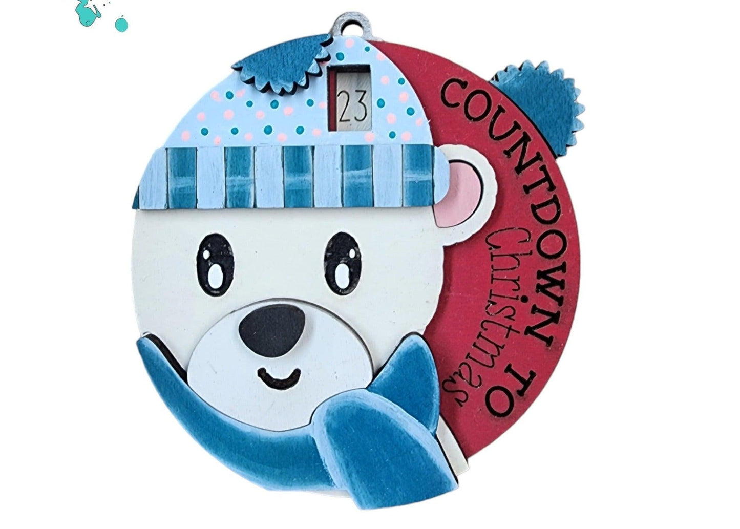 Premade Polar Bear Countdown Christmas Ornament - Pom Pom Lever Sliding Turning - Holiday Decoration - RusticFarmhouseDecor