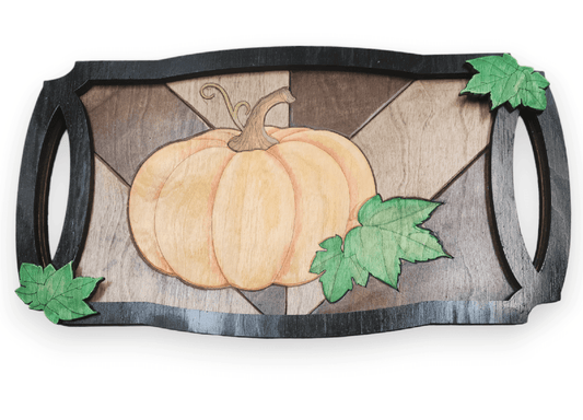 Premade Pumpkin Fall Leaves Homedecor Tray - Quilted Herringbone Patchwork Design Serving Tray - RusticFarmhouseDecor