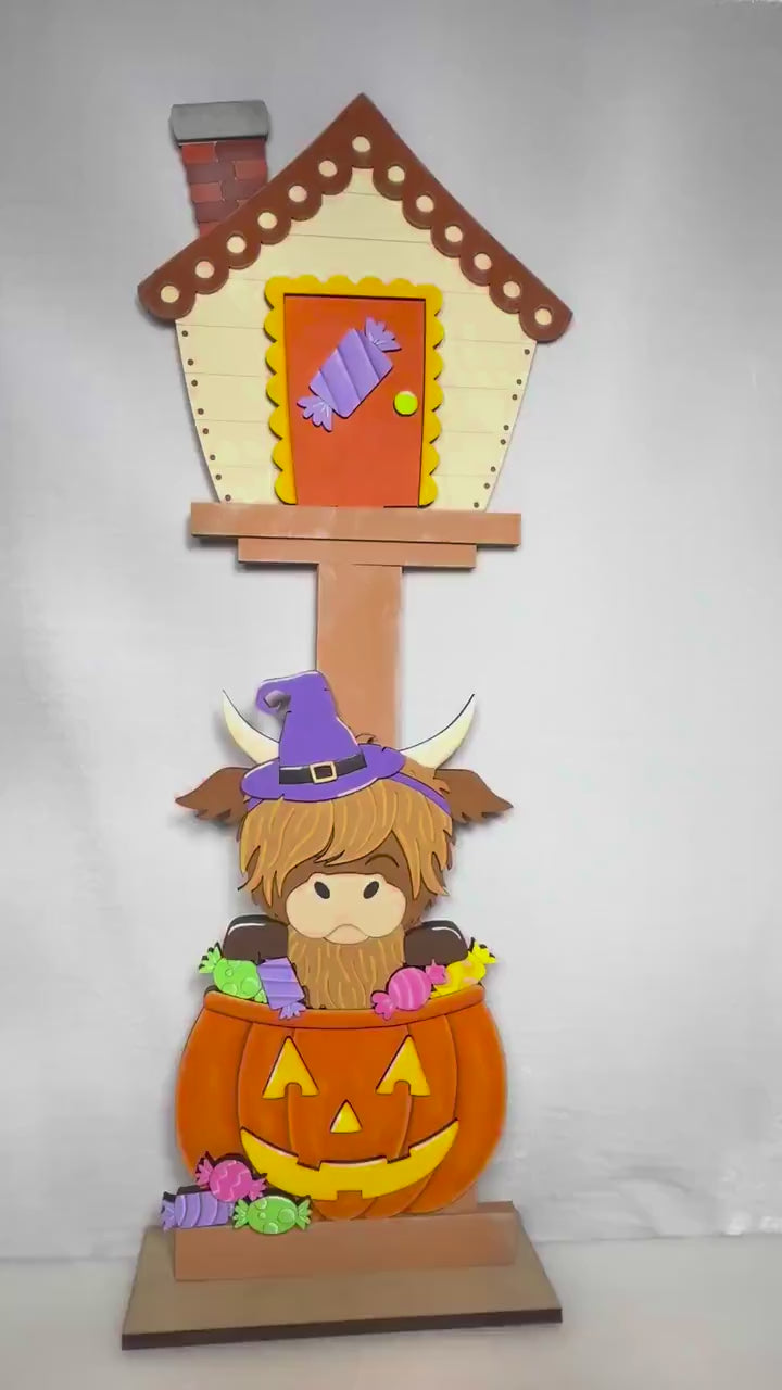 Highland Cow Halloween Decor Hand Painted Birdhouse Insert Set Pumpkin Candy Witch Hat