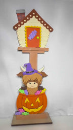Highland Cow Halloween Decor Hand Painted Birdhouse Insert Set Pumpkin Candy Witch Hat