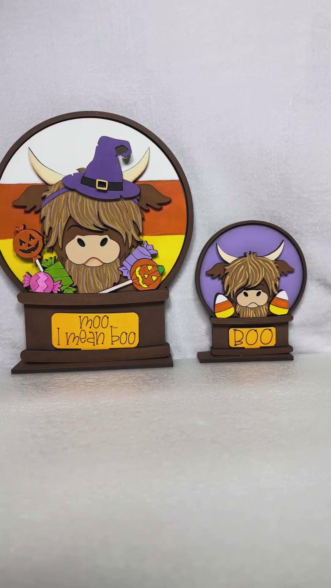 Highland Cow Halloween Snow Globe DIY Kit – Mini or Standard Size – “Moo… I Mean Boo” & “BOO” Signs – Interchangeable Decor