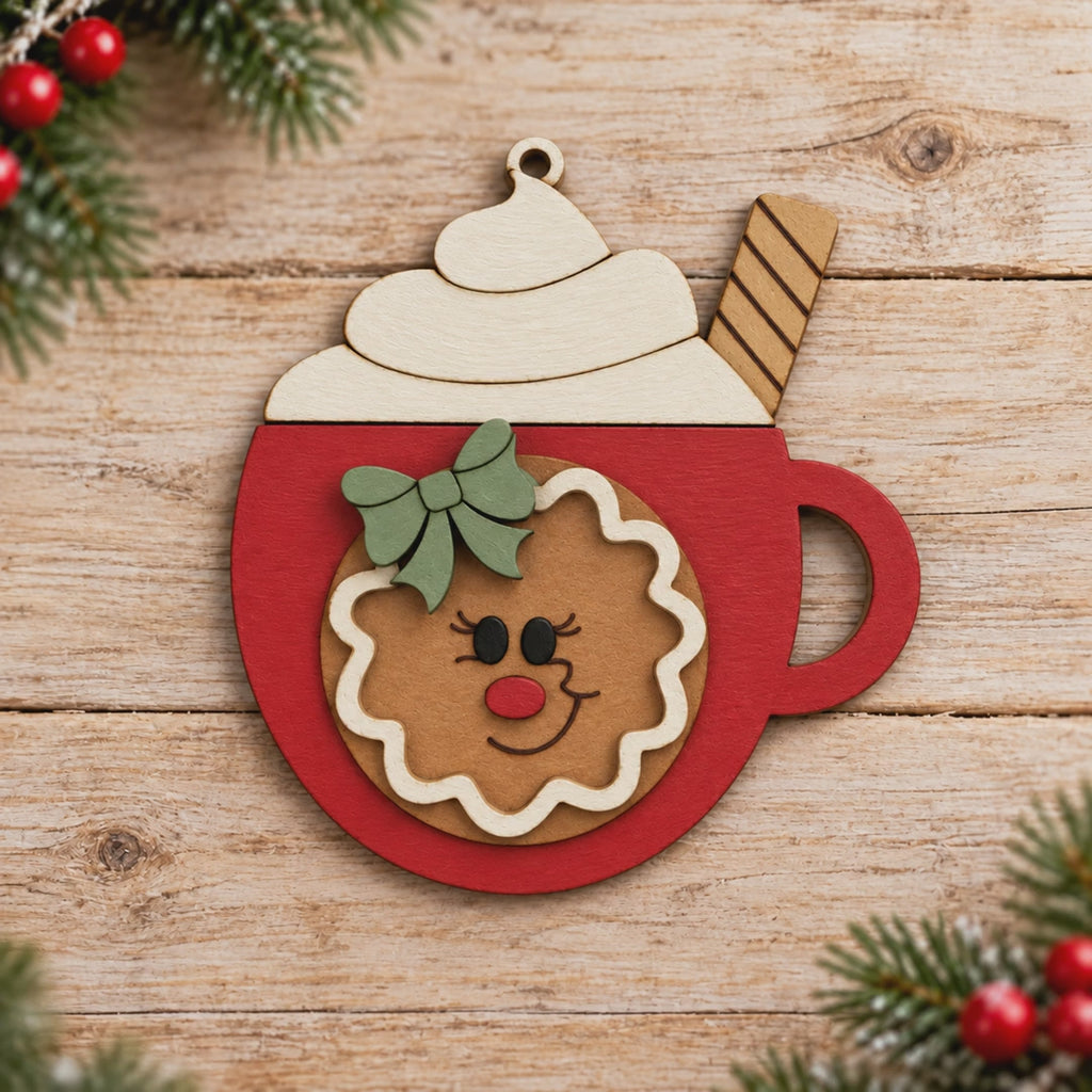 Gingerbread Ornament DIY Cocoa Cup Face Christmas Craft Kit Unfinished Wood Holiday Decor