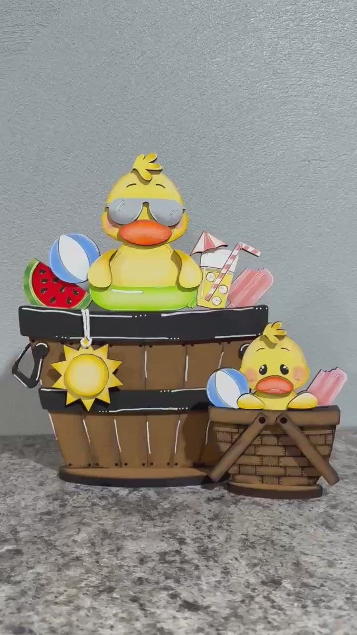 Handpainted Summer Duck Basket Insert – Premade Finished Wood Decor – Standard or Mini Size