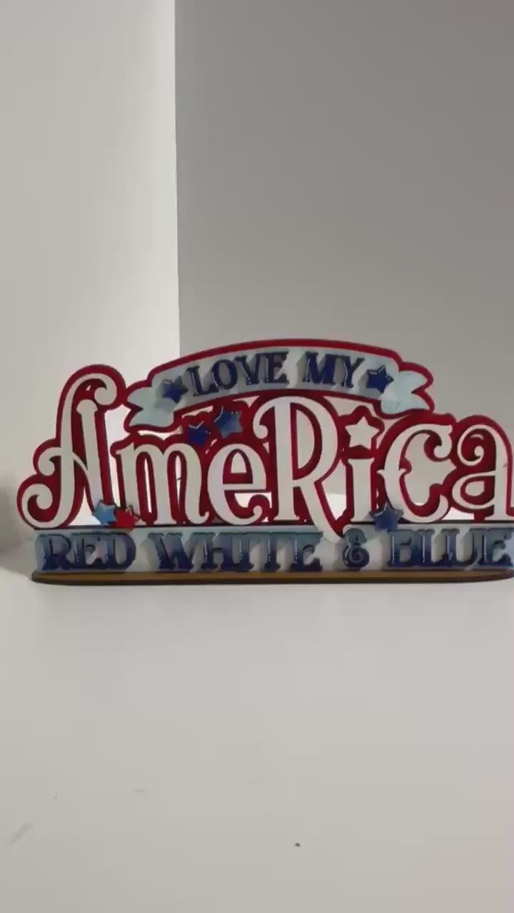 DIY Patriotic Shelf Sitter, Love My America Wood Cutout, Red White & Blue Decor, USA Paint Kit, 4th of July Tiered Tray