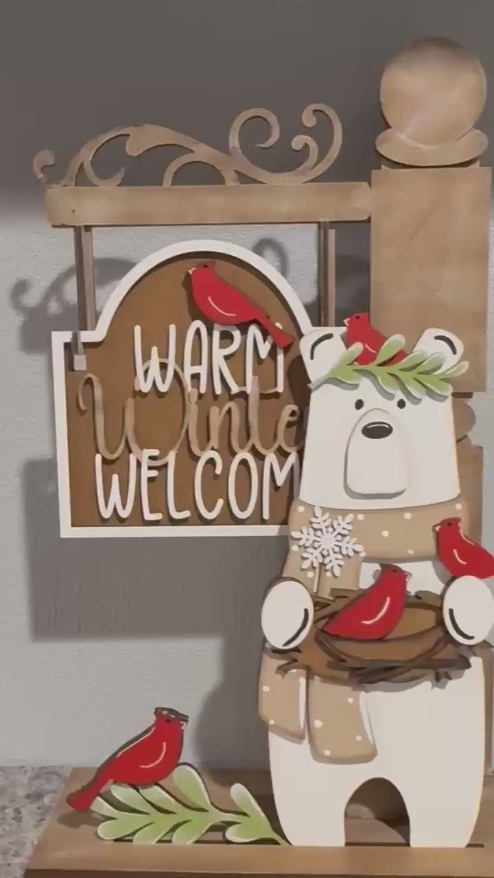 Interchangeable Mini Post Insert Set – Warm Winter Welcome Bear – DIY Wood Paint Kit