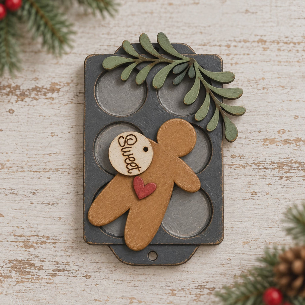 Gingerbread Ornament Muffin Pan DIY Christmas Craft Kit Unfinished Wood Rustic Holiday Decor
