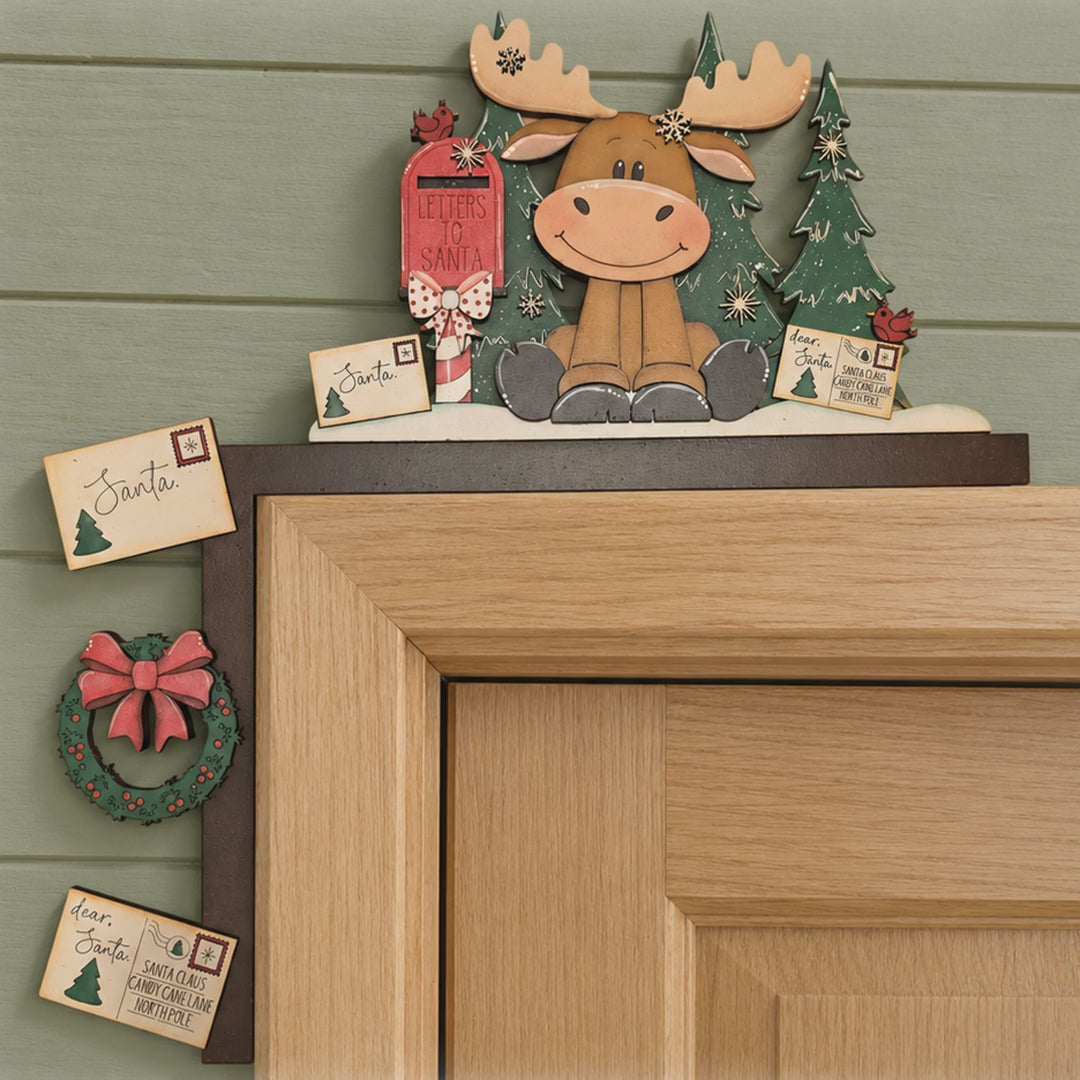Hand Painted Christmas Door Corner Hanger Moose with Santa Mail Finished Door Decor Farmhouse Holiday