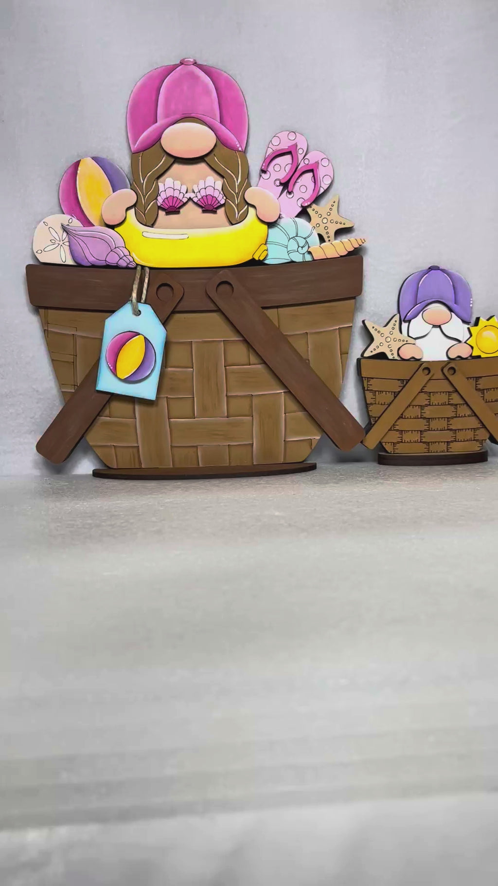 Summer Beach Gnome Flower Basket Insert | DIY Wood Paint Kit for Interchangeable Basket | Beach Tiered Tray Decor
