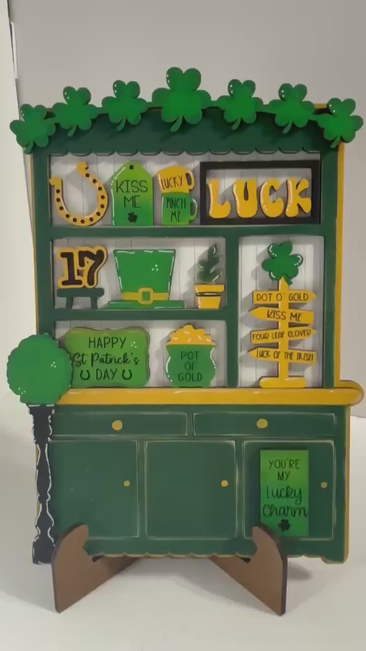 DIY St. Patrick’s Hutch Shelf Sitter – Unfinished Laser Cut Wood Kit – Lucky Tiered Tray Decor – Irish Farmhouse Sign – Shamrock Craft Kit