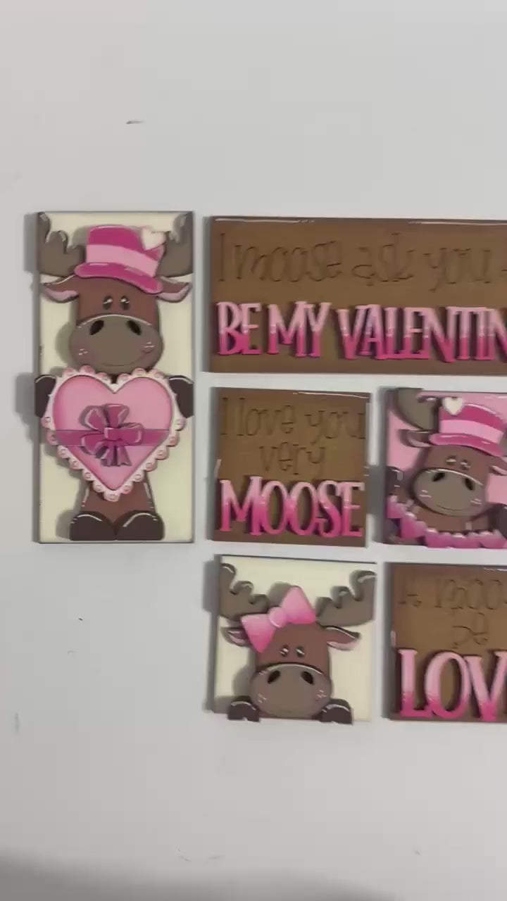 Mini Valentine's Day Moose Leaning Ladder Tile Set - DIY Interchangeable Wood Paint Kit  - Tiered Tray Decor