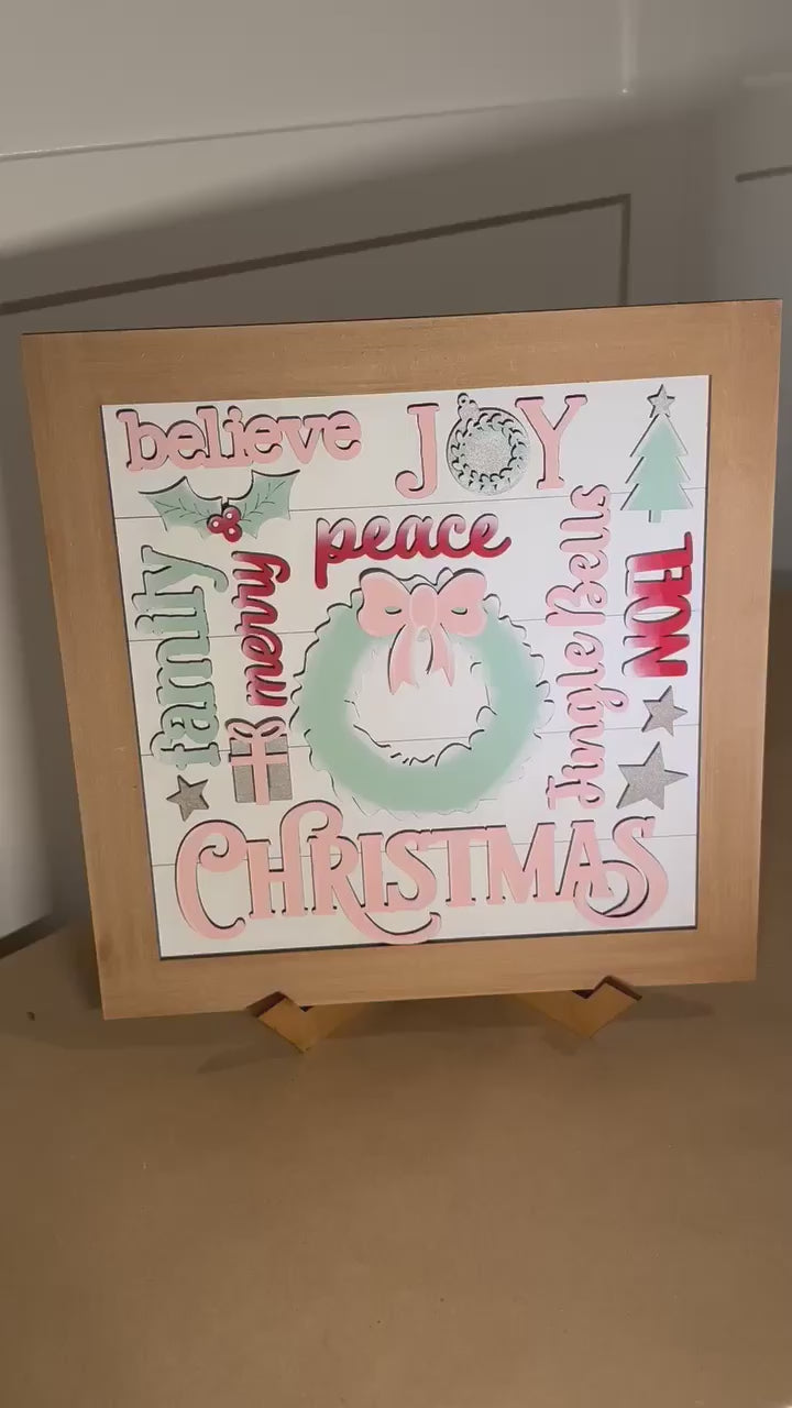 Farmhouse Christmas Framed Word Collage Sign and Stand