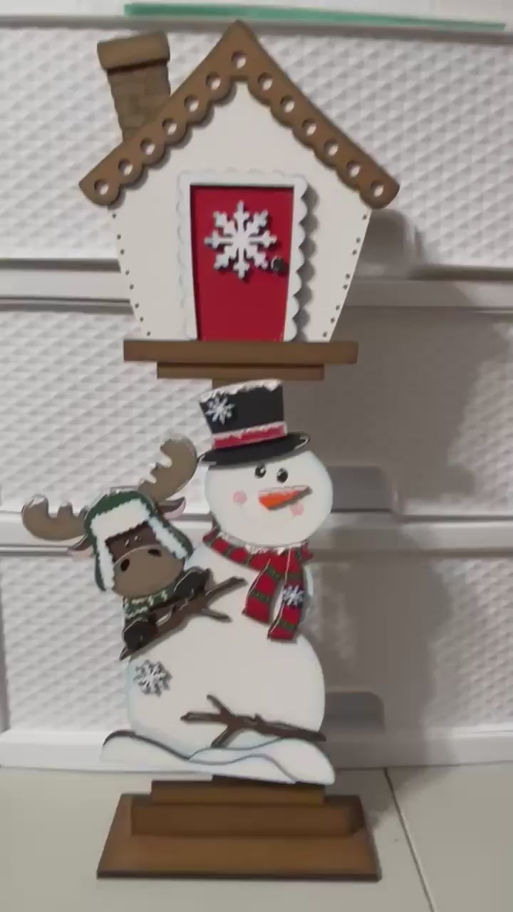 Winter Moose and Snowman Insert for our Interchangeable Birdhouse Post