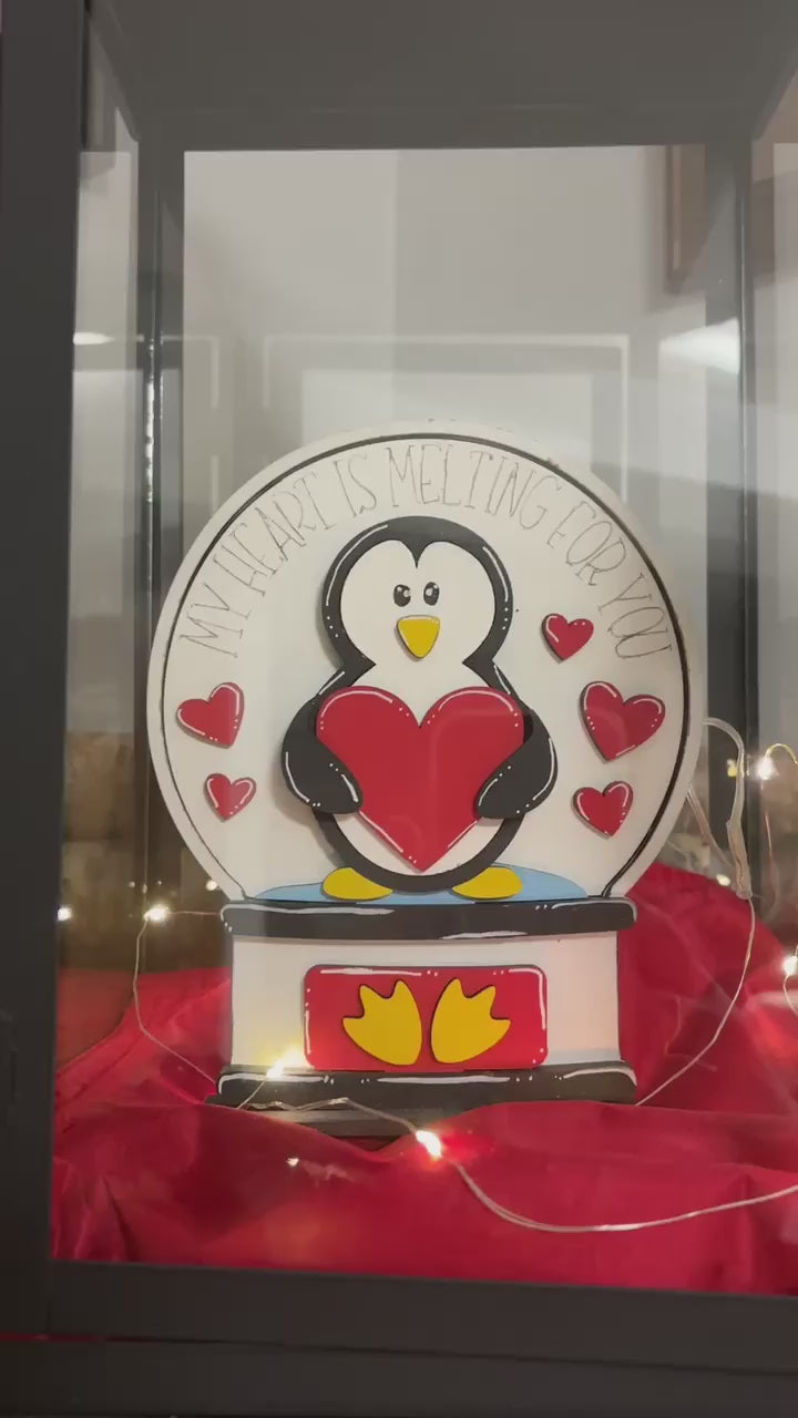 Valentines Penguin Insert for Snow Globe DIY Interchangeable Decor, Wood Paint Kit,  Interchangealbe Snow Globe