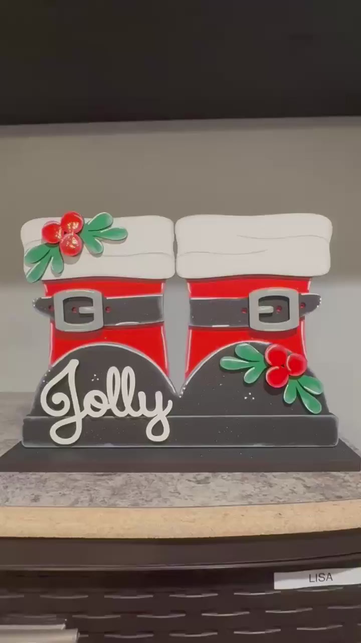 Jolly Santa Boots Shelf Sitter DIY Kit – Unfinished Wood Christmas Shelf Decor – Layered Wood Paint Kit – Holiday Mantel Decoration