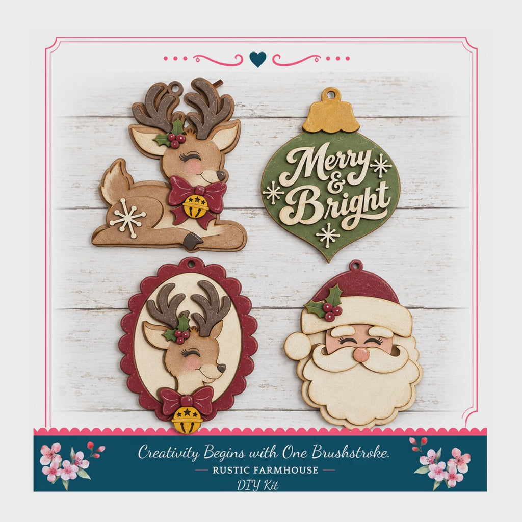 DIY Wooden Paint Kit, Retro Christmas Ornament Set, 4-Piece, 5 In