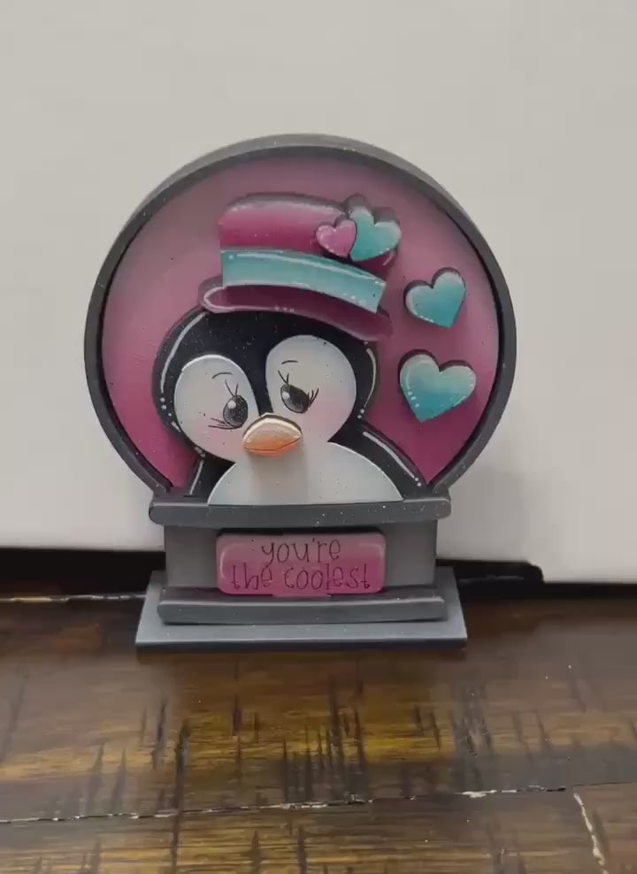 Penguin Valentines Insert for Snow Globe DIY Interchangeable Decor, Wood Paint Kit,  Interchangealbe Snow Globe