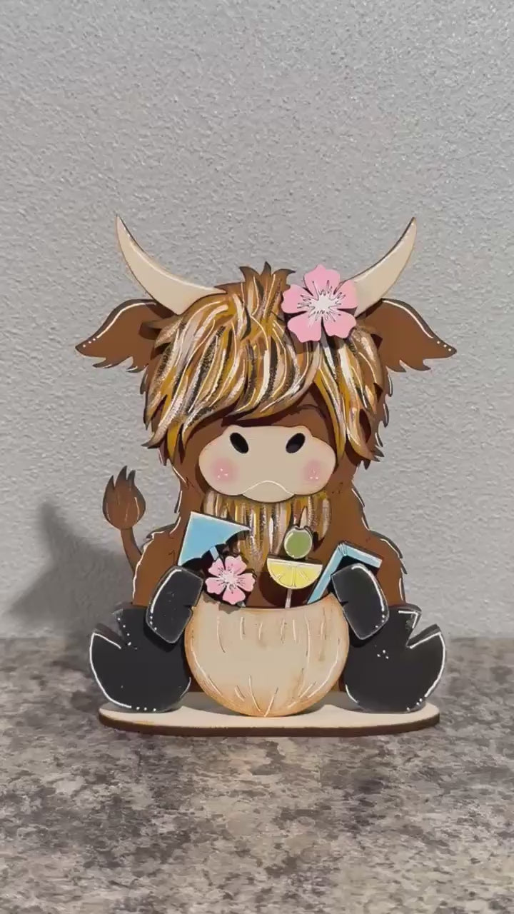 DIY Summer Beach Highland Cow Shelf Sitter – Wood Blank – Farmhouse Decor – Paint Your Own Kit – Unfinished Laser Cut Wood