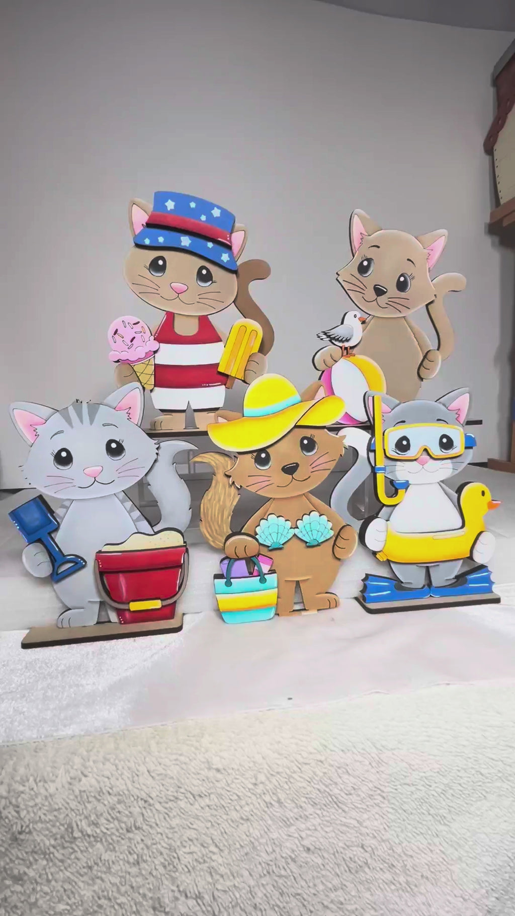 DIY Summer Cat Shelf Sitter Kit, Unfinished Wood Cat Paint Kit, Beach Cat Farmhouse Decor, Tiered Tray Cats