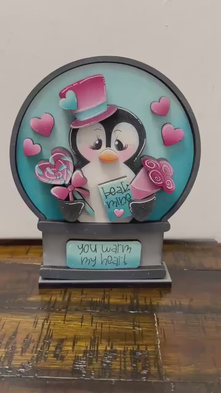 Penguin Valentines Insert for Snow Globe DIY Interchangeable Decor, Wood Paint Kit,  Interchangealbe Snow Globe