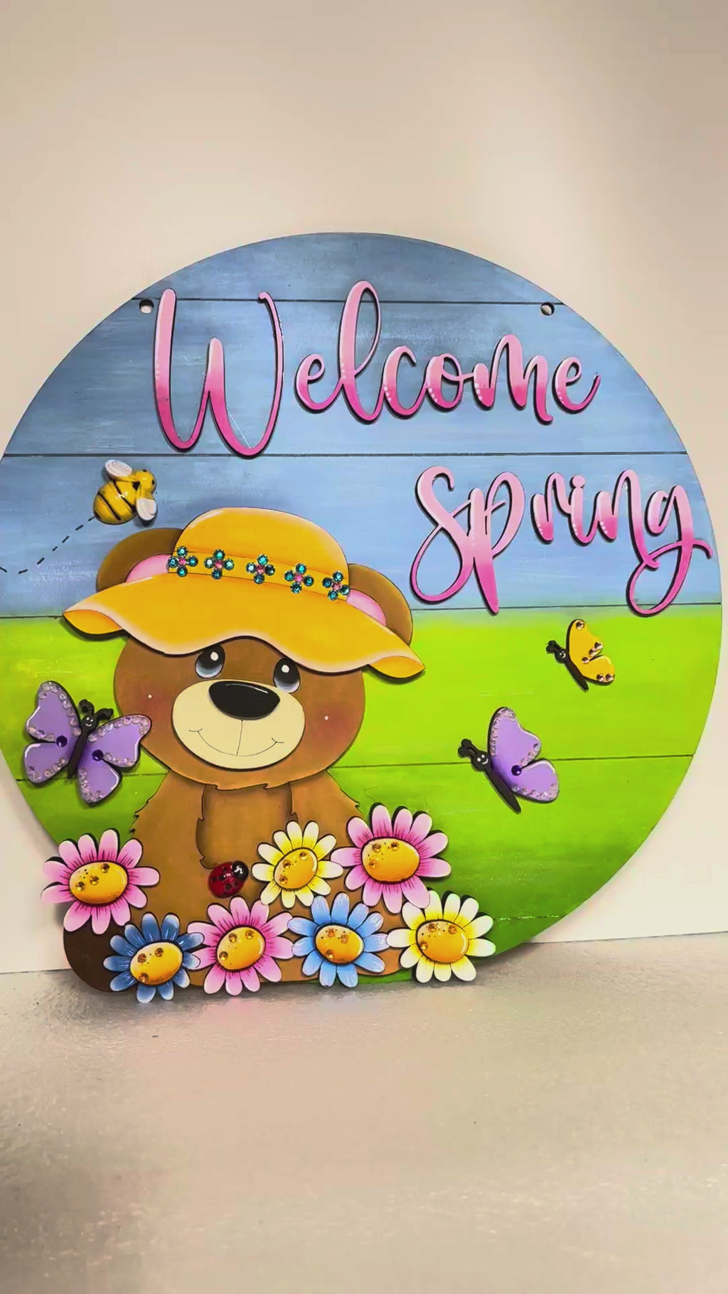 Welcome Spring Bear Door Hanger DIY Wood Paint Kit – Round Floral Sign