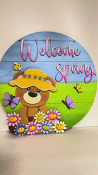 Welcome Spring Bear Door Hanger DIY Wood Paint Kit – Round Floral Sign