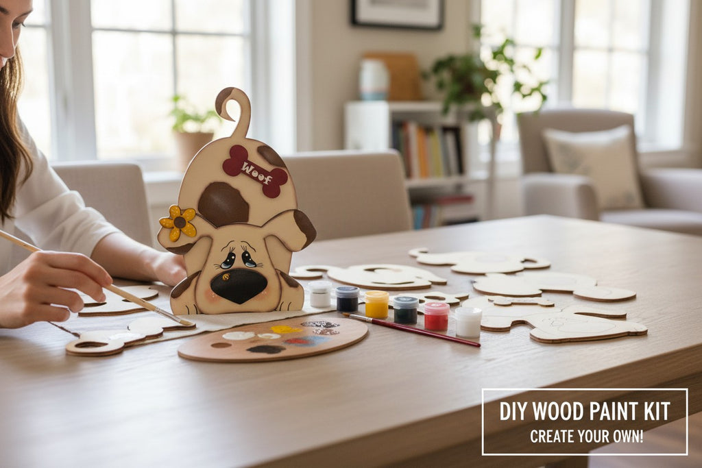 RusticFarmhouseDecor DIY dog shelf sitter craft kit, unpainted wood with brown spots, red bone accent, and yellow flower.