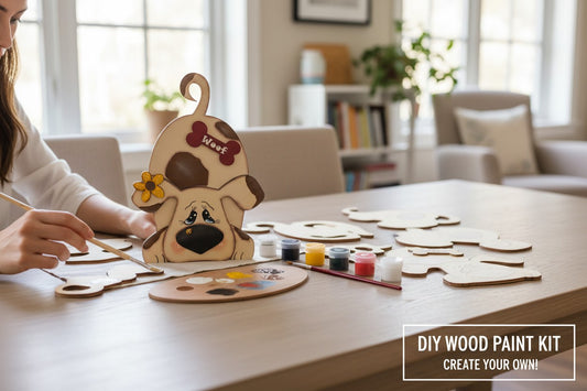 RusticFarmhouseDecor DIY dog shelf sitter craft kit, unpainted wood with brown spots, red bone accent, and yellow flower.