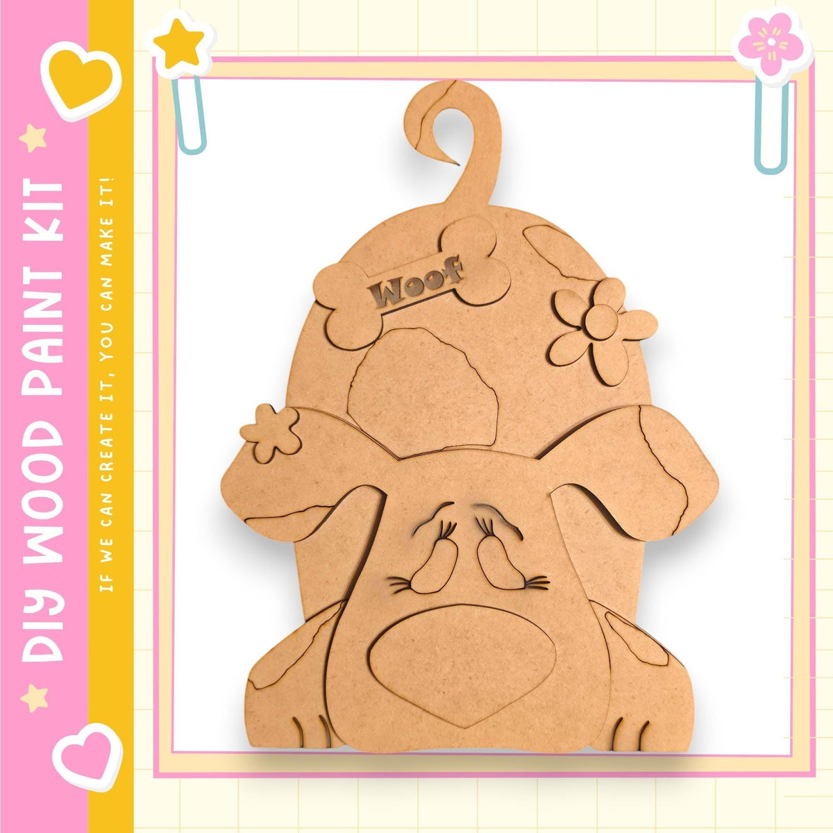 A wooden dog-shaped figure with a wagging tail and flower decorations, set against a pink and yellow background with a heart and star motif.
