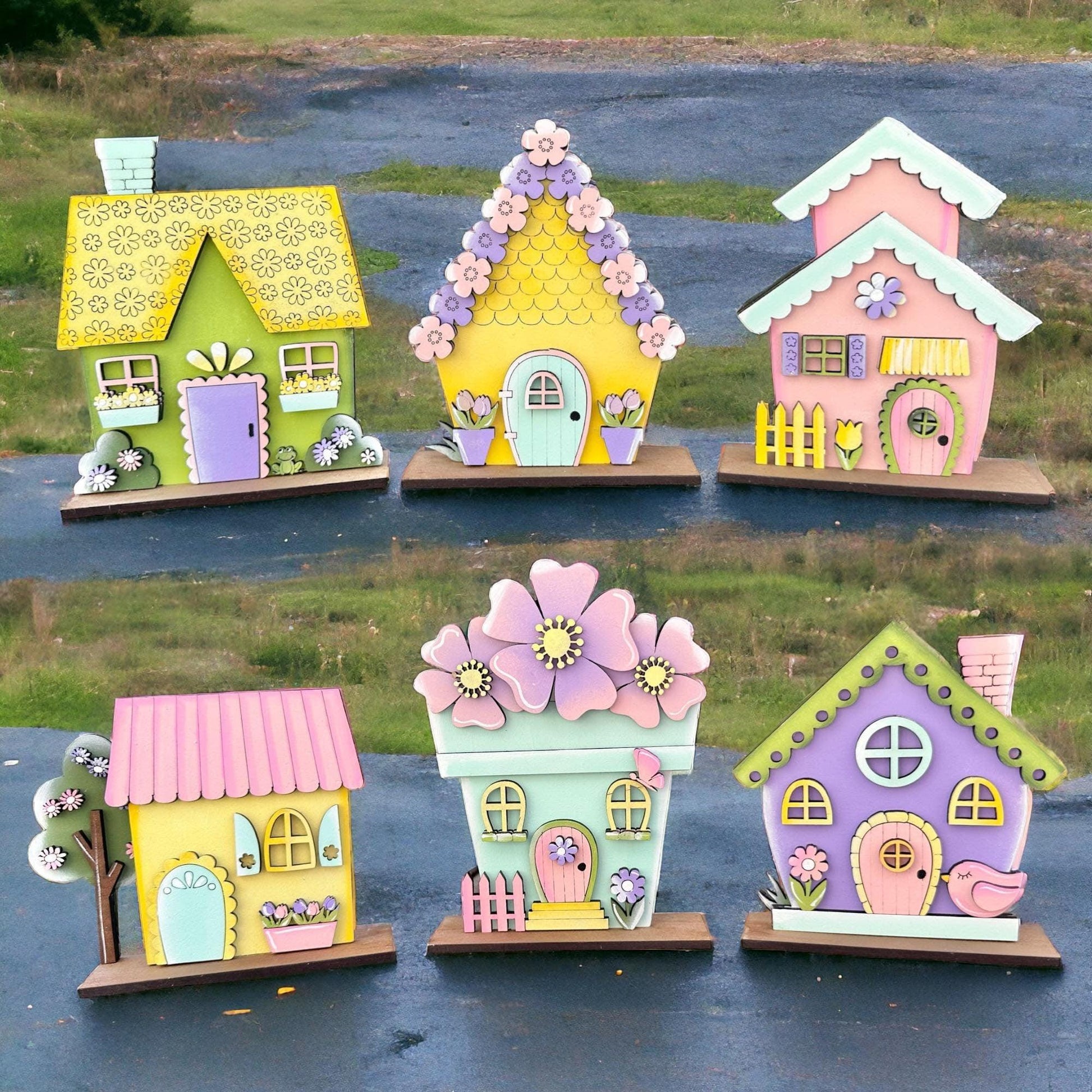 Spring Standing Houses Shelf Sitter, Spring Mantle Decor, Housewarming Gift - RusticFarmhouseDecor