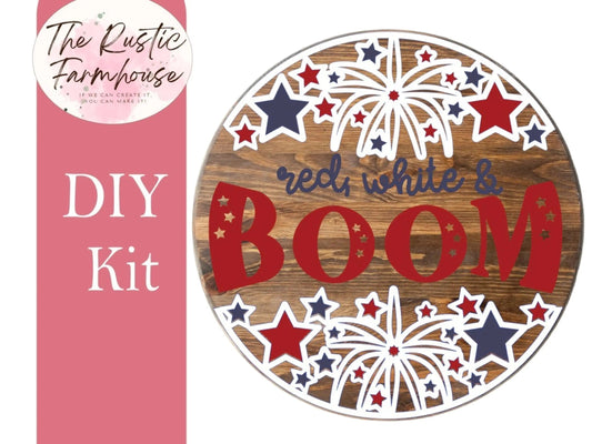 Summer Patriotic Door Hanger Red White & Boom, Unfinished DIY Wood Kit, Blanks to Decorate Home Decor, DIY Door Hanger - RusticFarmhouseDecor