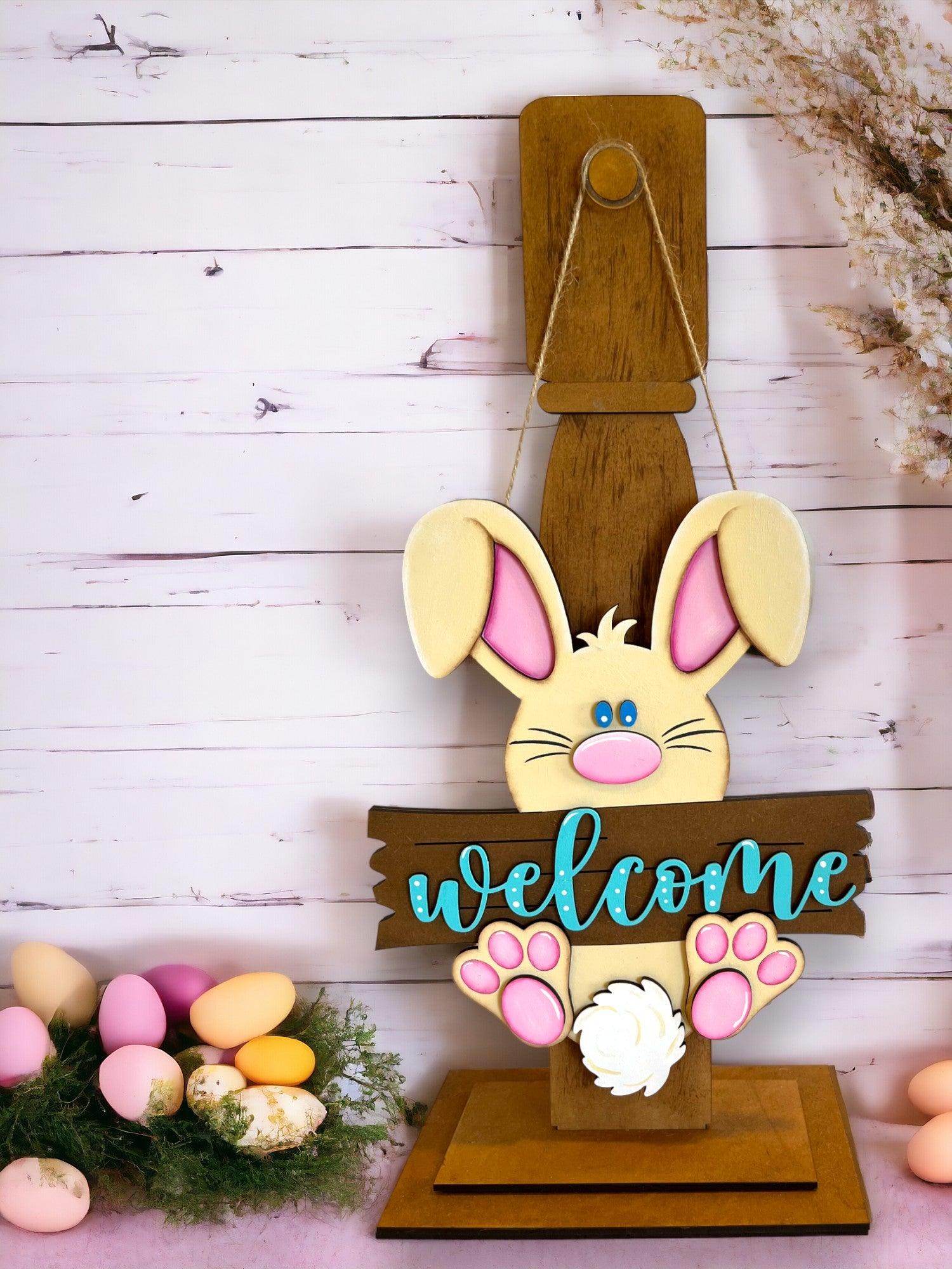 Welcome Hanging Easter Bunny DIY Door Hanger - Wood Blanks for Crafting - RusticFarmhouseDecor