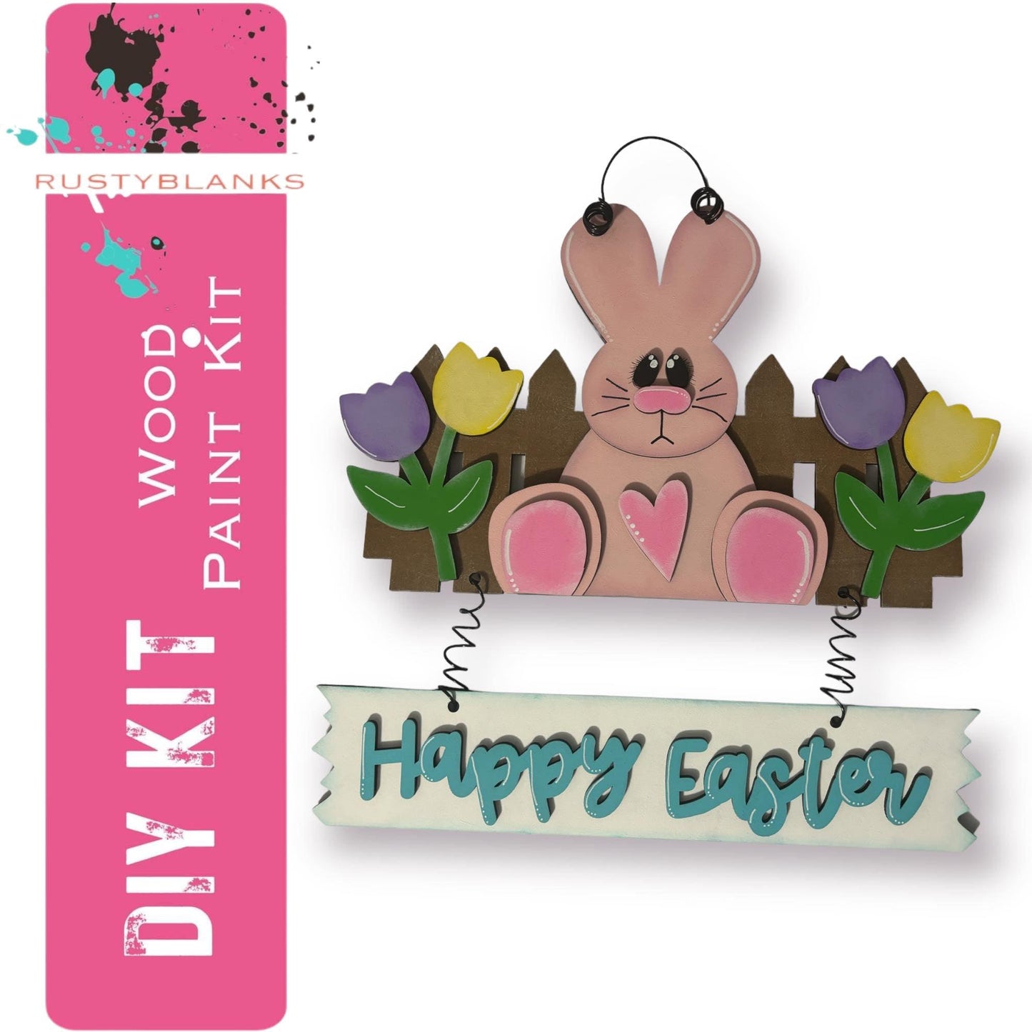 Happy Easter Bunny with Fence Door Hanger, Unfinished DIY Wood Kit, Blanks to Decorate Home Decor, Easter DIY Door Hanger - RusticFarmhouseDecor