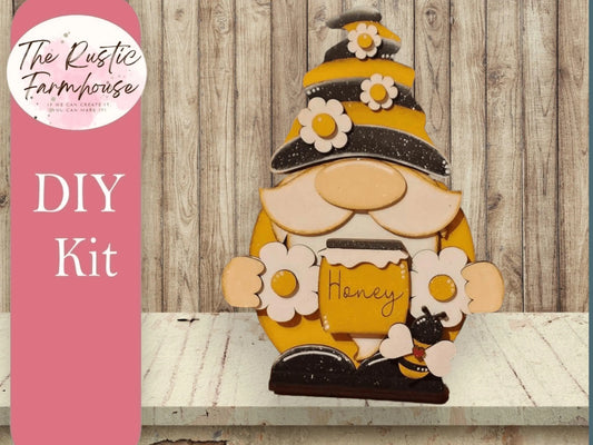 Bee Gnome Shelf Sitter, Standing Bumble Bee Gnome, DIY Gnome kit, Tiered Tray Decor - RusticFarmhouseDecor