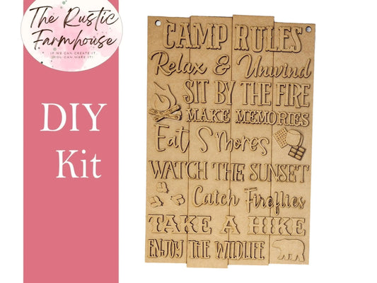 Camp Rules Door Hanger, Unfinished DIY Wood Kit, Blanks to Decorate Home Decor, DIY Door Hanger - RusticFarmhouseDecor