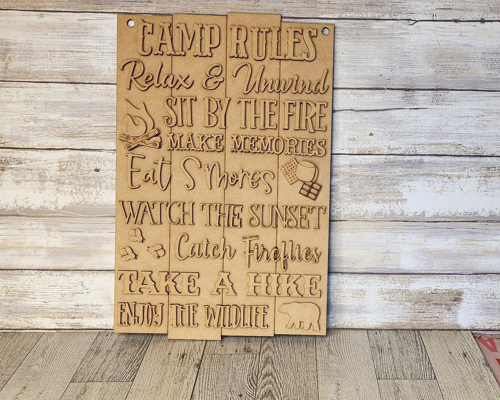 Camp Rules Door Hanger, Unfinished DIY Wood Kit, Blanks to Decorate Home Decor, DIY Door Hanger - RusticFarmhouseDecor