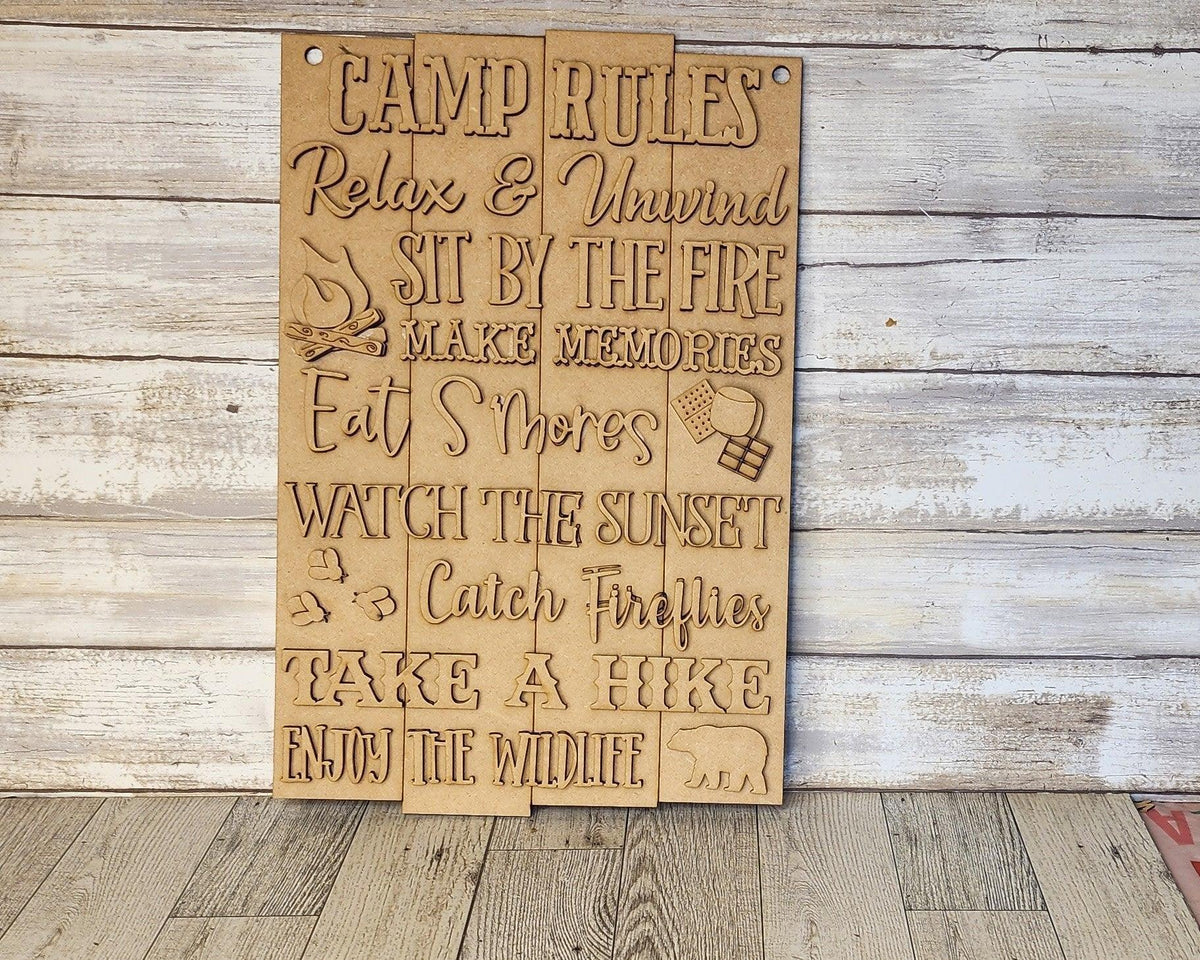 Camp Rules Door Hanger, Unfinished DIY Wood Kit, Blanks to Decorate Home Decor, DIY Door Hanger - RusticFarmhouseDecor