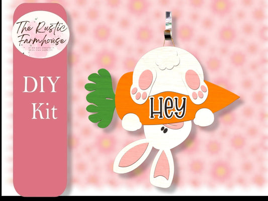 Easter Bunny Door Hanger, Unfinished DIY Bunny with Carrot, DIY Wood Kit, Blanks to Decorate Home Decor, Hey Bunny DIY Door Hanger - RusticFarmhouseDecor