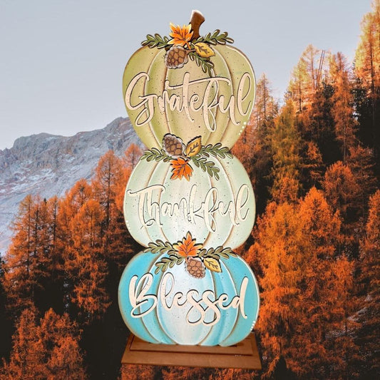 Fall Stacked Pumpkin Grateful, Thankful, Blessed Shelf Sitters - RusticFarmhouseDecor