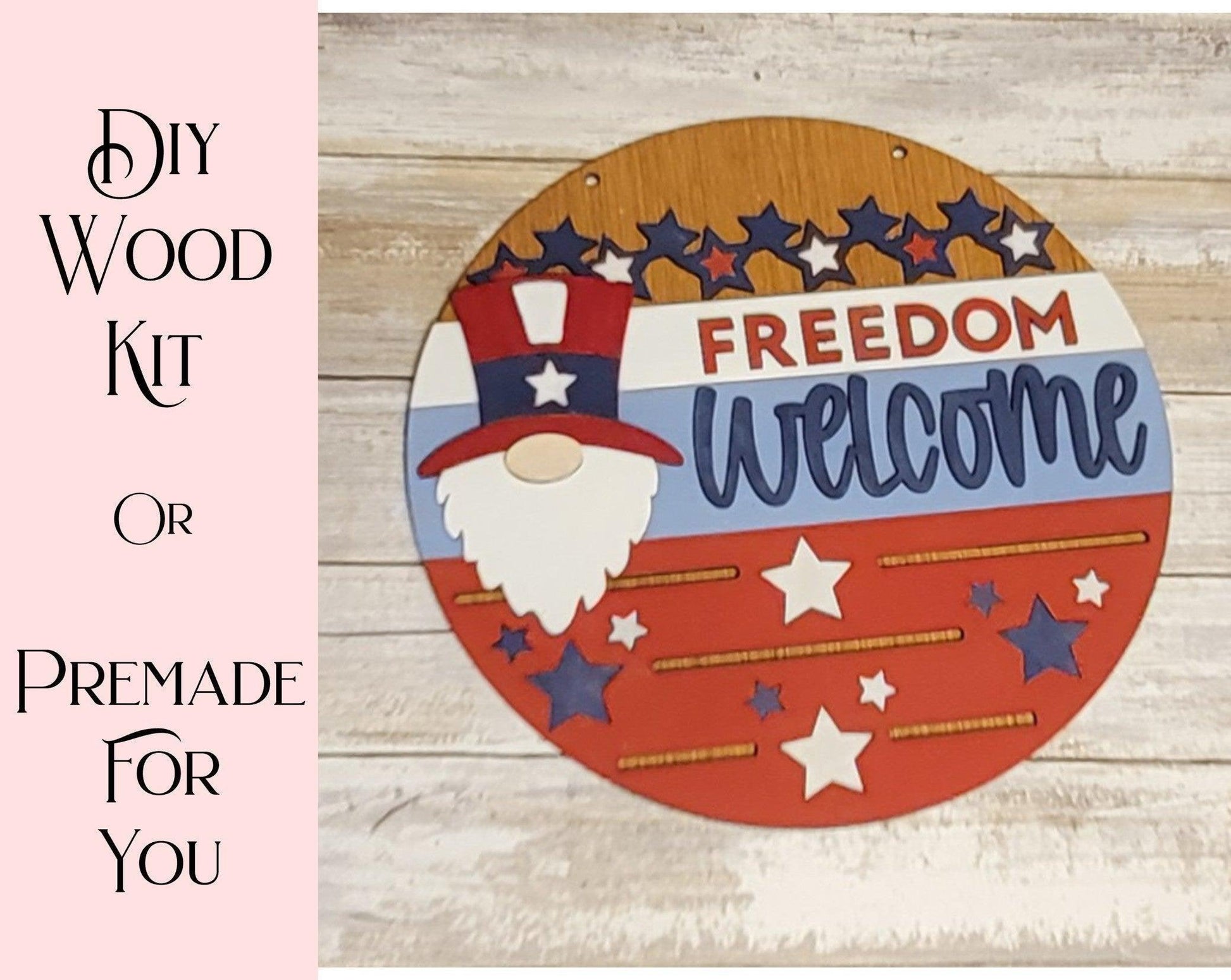 Freedom Patriotic Gnome Door Hanger | 4th of July DIY | Red, White & Blue Star Door Hanger Wood kit - RusticFarmhouseDecor