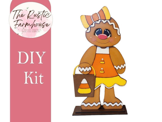 Gingerbread Candy Corn Greeter in Halloween Costume, DIY Halloween Wood Blanks, DIY Halloween Porch Greetersn - RusticFarmhouseDecor