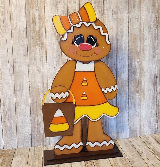 Gingerbread Candy Corn Greeter in Halloween Costume, DIY Halloween Wood Blanks, DIY Halloween Porch Greetersn - RusticFarmhouseDecor