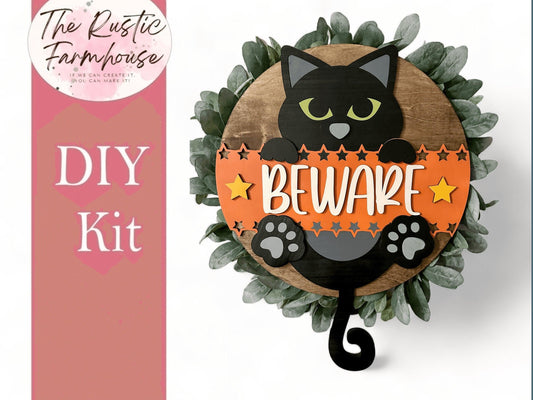 Halloween Beware Door Hanger, Black Cat DIY Wooden Blank Kit - RusticFarmhouseDecor