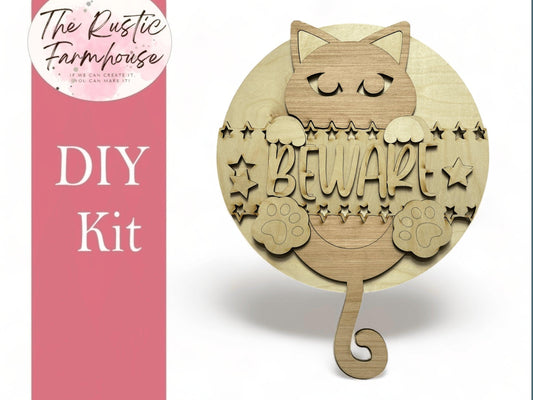 Halloween Beware Door Hanger, Black Cat DIY Wooden Blank Kit - RusticFarmhouseDecor