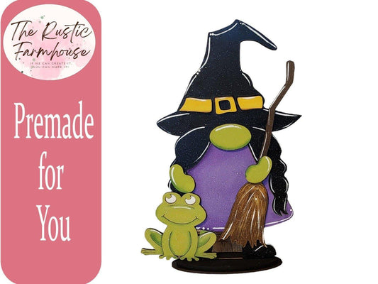 Halloween Witch Gnome Decor handpainted with her Frog and Broom - RusticFarmhouseDecor