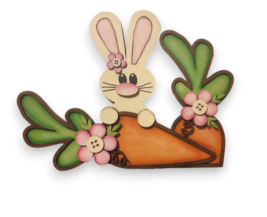 Handpainted Bunny Shelf Sitter, Spring Bunny Carrot Decor - RusticFarmhouseDecor