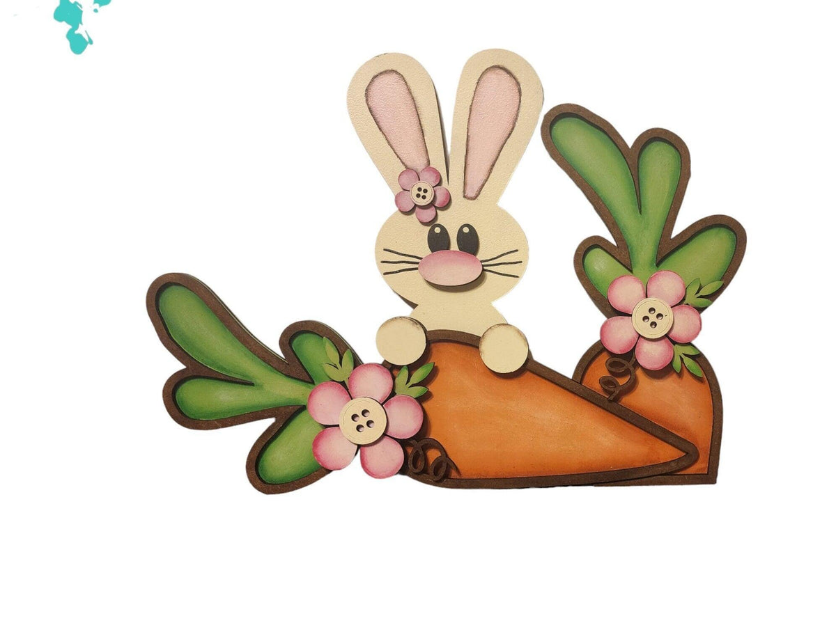 Handpainted Bunny Shelf Sitter, Spring Bunny Carrot Decor - RusticFarmhouseDecor