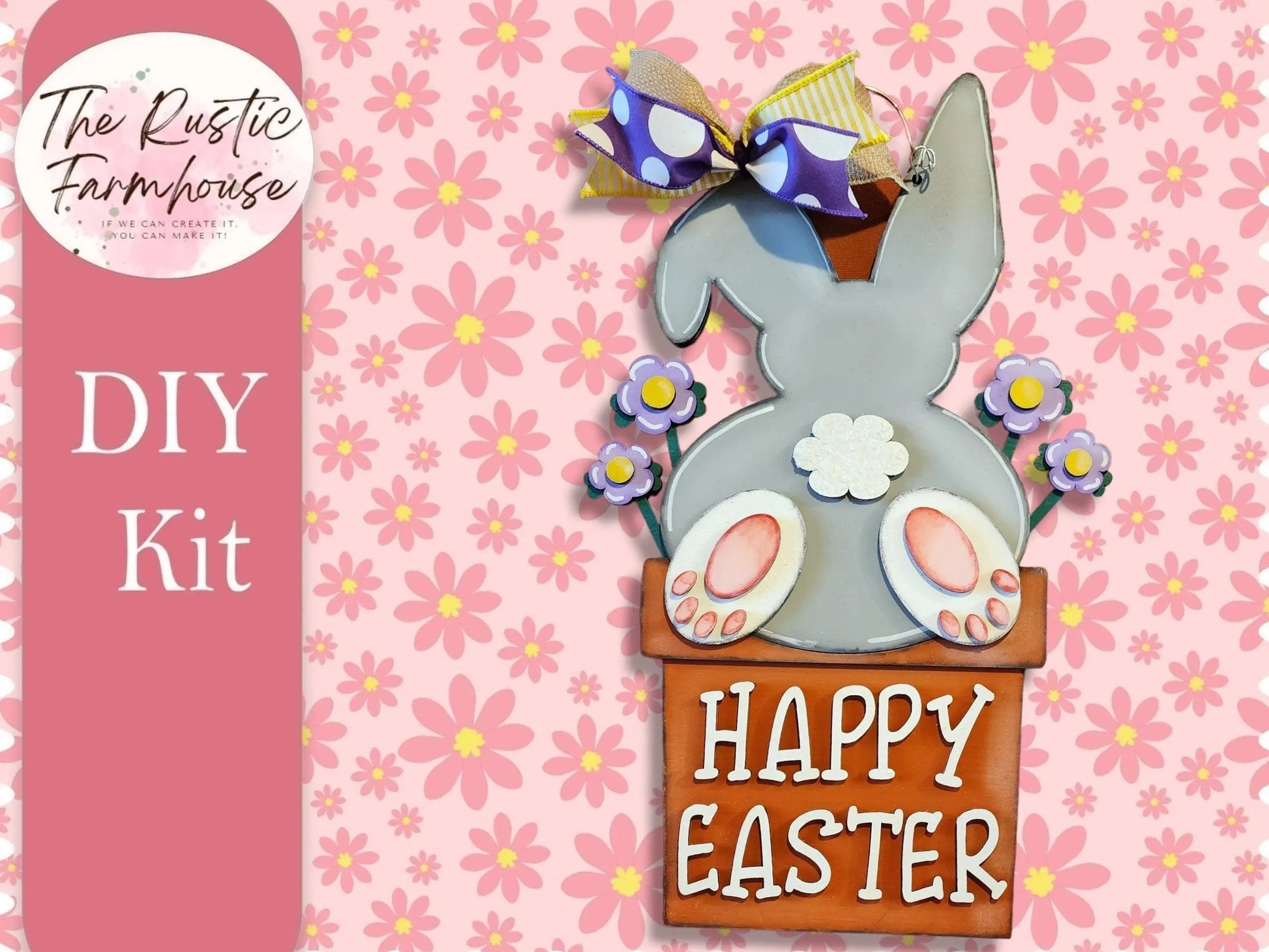 Happy Easter Bunny Door Hanger, Unfinished DIY Wood Kit, Blanks to Decorate Home Decor, DIY Bunny Butt Door Hanger - RusticFarmhouseDecor