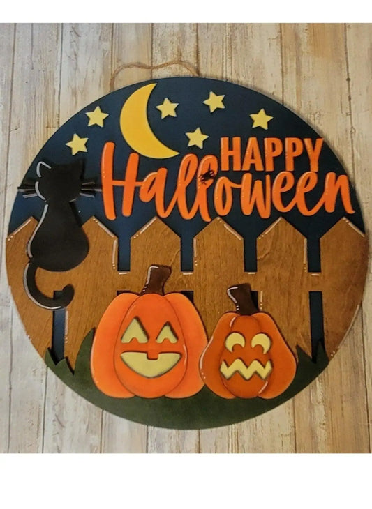 Happy Halloween Cat on Fence Door Hanger - RusticFarmhouseDecor