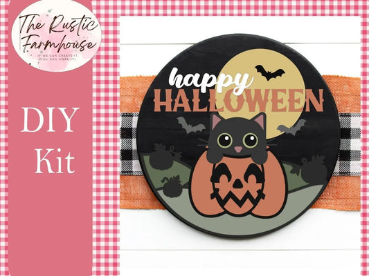 Happy Halloween Kitten in Pumpkin Decor Door Hanger - RusticFarmhouseDecor